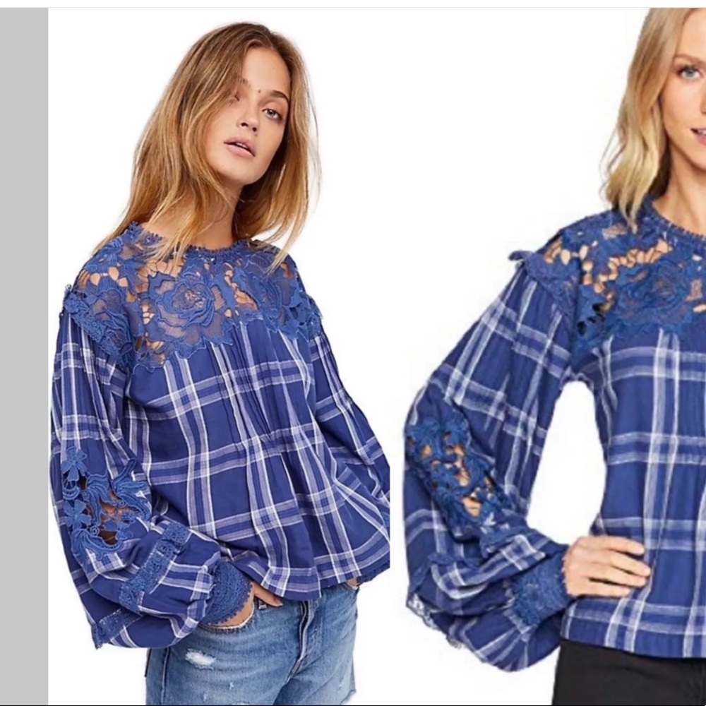 Free People Darling Diana Blue Plaid Lace Top